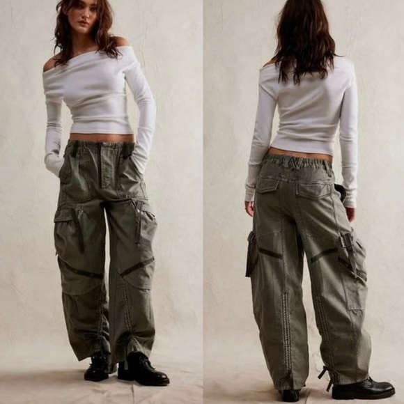 We The Free Pants - Free People We The Free Everglades Utility Pants Sz XL Green Cargo Barrel Ties